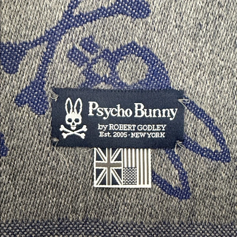 Psycho Bunny Gray And Blue Logo Wool Scarf